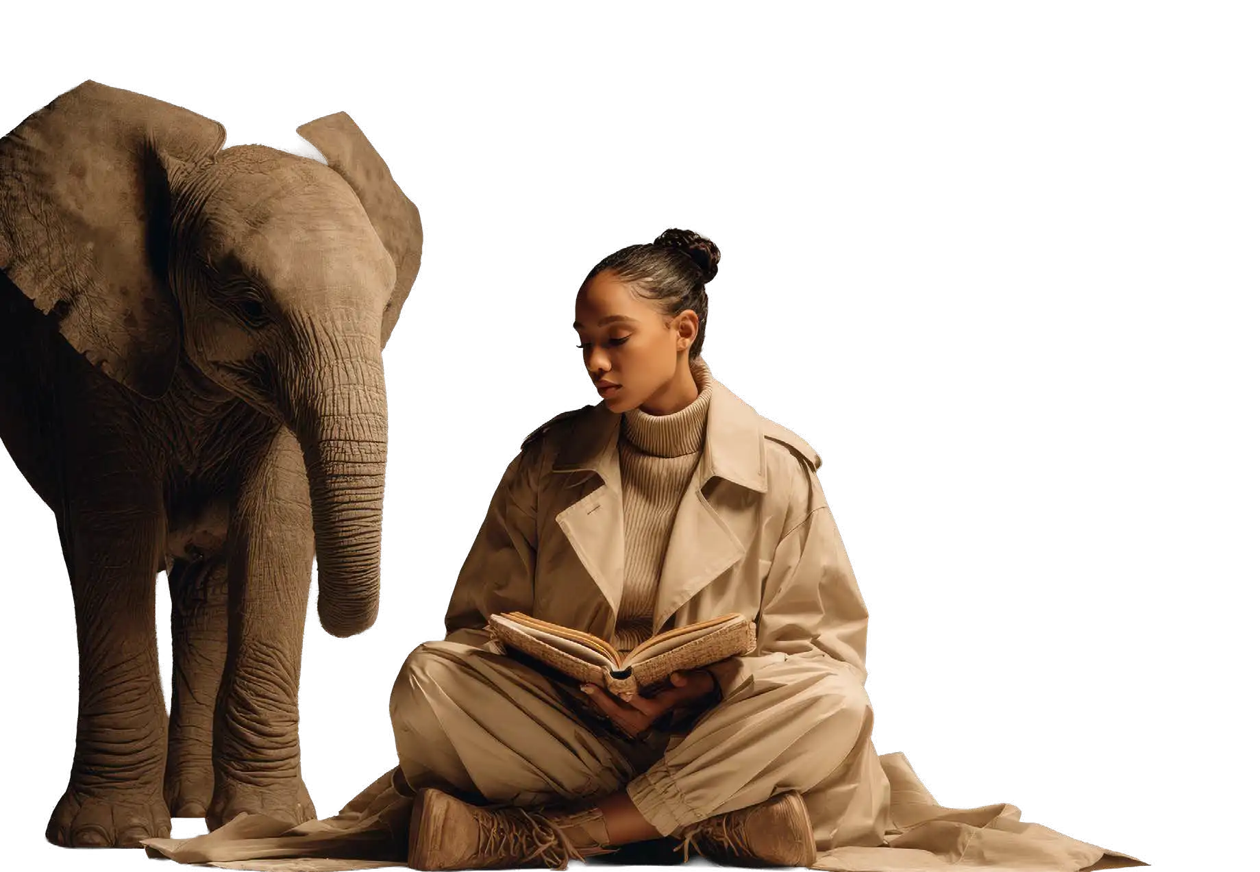 Mujer leyendo un libro sentada junto a un elefante joven — Lester Colchones